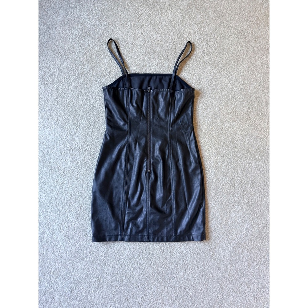 H&M Divided Black Faux Leather Mini Dress Size 8 Bodycon Spaghetti Strap Zip